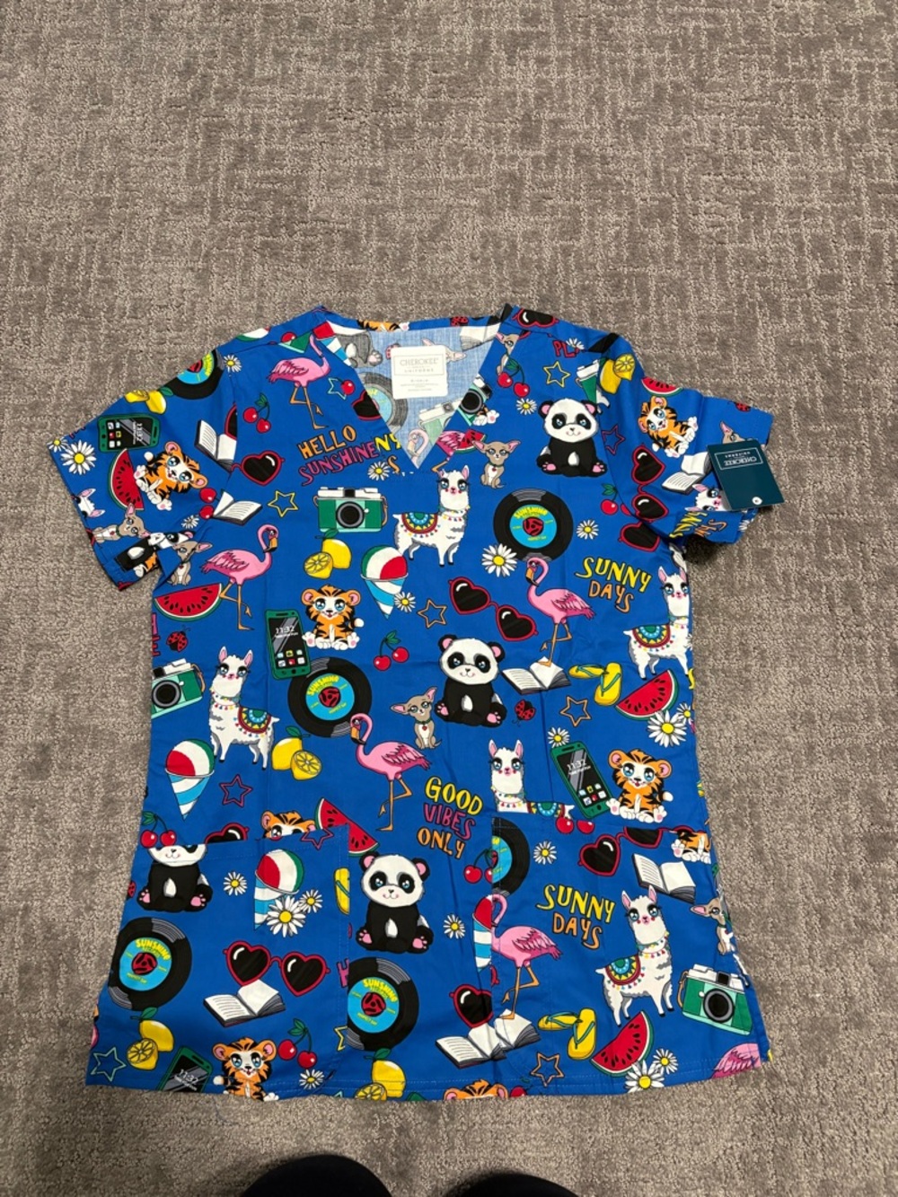 Cherokee Women’s Short Sleeve Scrub Top in Bright Blue with Multicolor Prints
